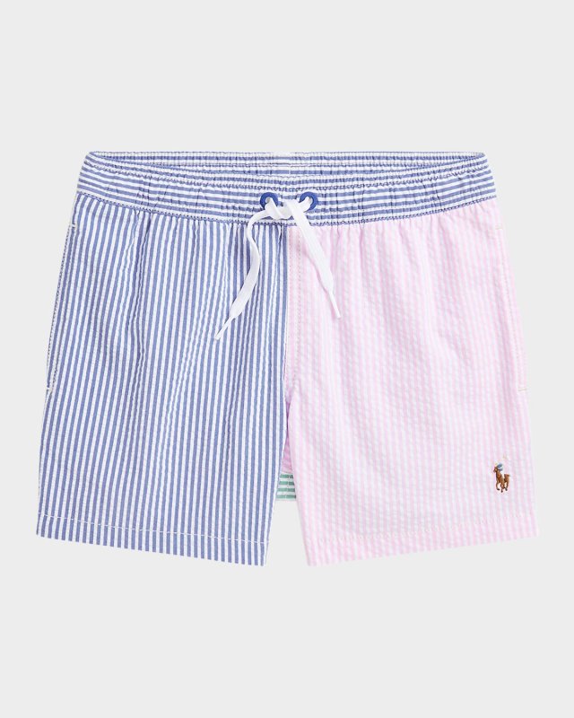 Boy's Two-Tone Seersucker Swim Trunks, Size 2-
